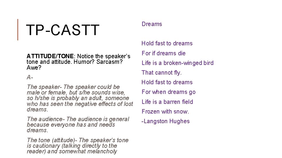 TP-CASTT Dreams Hold fast to dreams ATTITUDE/TONE: Notice the speaker’s tone and attitude. Humor?