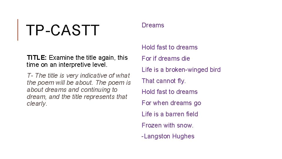 TP-CASTT Dreams Hold fast to dreams TITLE: Examine the title again, this time on