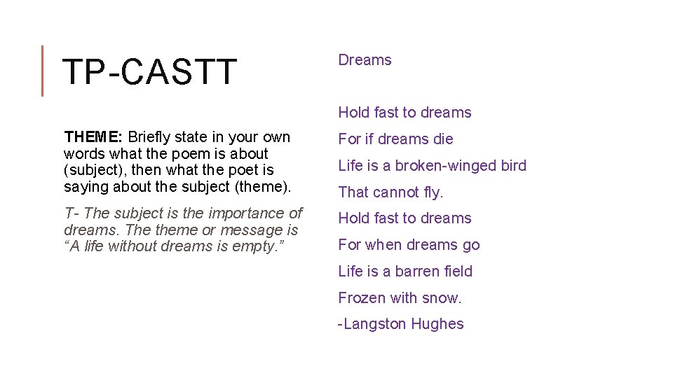 TP-CASTT Dreams Hold fast to dreams THEME: Briefly state in your own words what