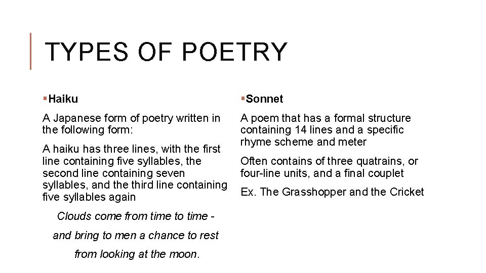 TYPES OF POETRY §Haiku §Sonnet A Japanese form of poetry written in the following