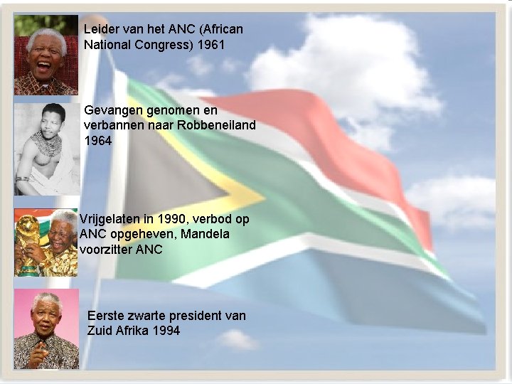 Leider van het ANC (African National Congress) 1961 Gevangen genomen en verbannen naar Robbeneiland