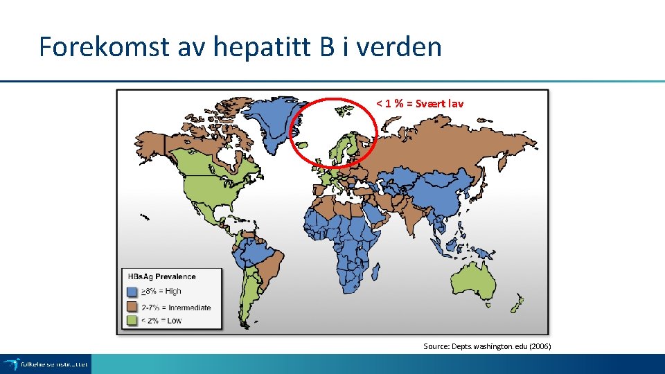 Forekomst av hepatitt B i verden < 1 % = Svært lav Source: Depts.