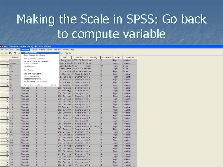 Making the Scale in SPSS: Go back to compute variable 