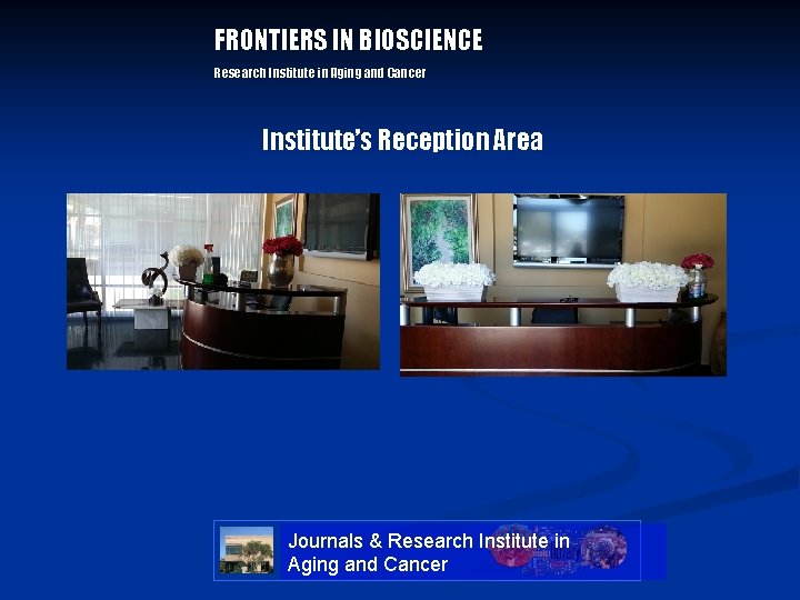 FRONTIERS IN BIOSCIENCE Research Institute in Aging and Cancer Institute’s Reception Area Journals & FRONTIERS IN BIOSCIENCE Research Institute in Aging and Cancer Institute’s Reception Area Journals &