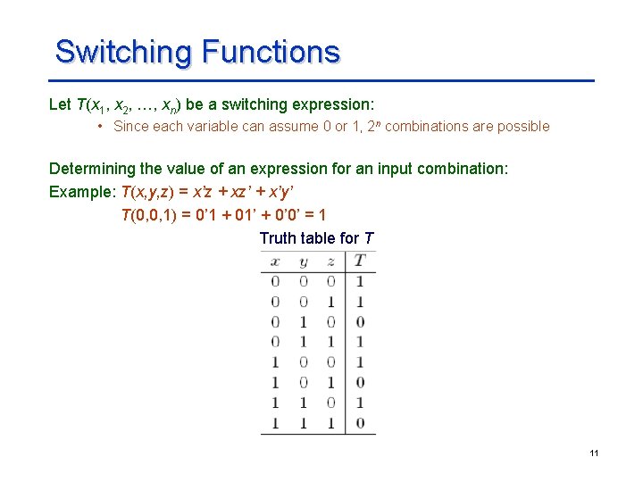 Switching Functions Let T(x 1, x 2, …, xn) be a switching expression: •