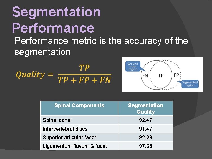 Segmentation Performance metric is the accuracy of the segmentation Spinal Components Segmentation Quality Spinal