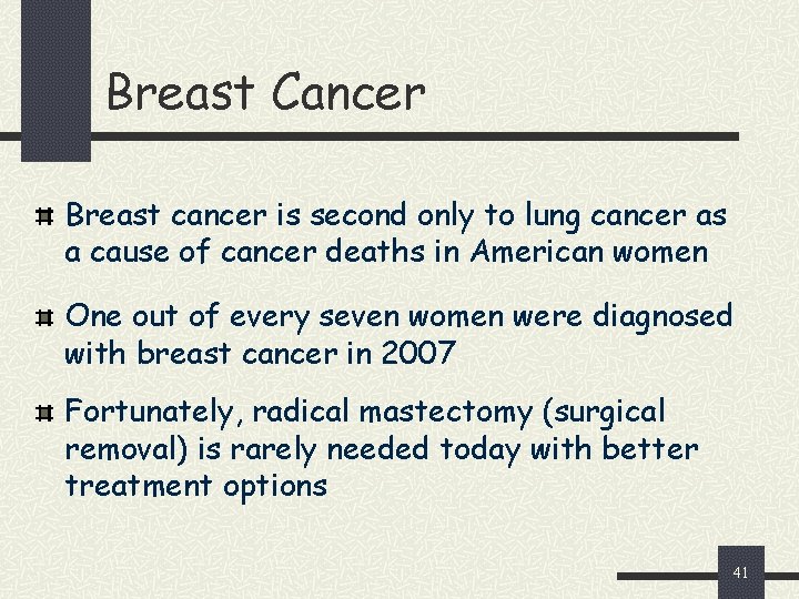 Breast Cancer Breast cancer is second only to lung cancer as a cause of