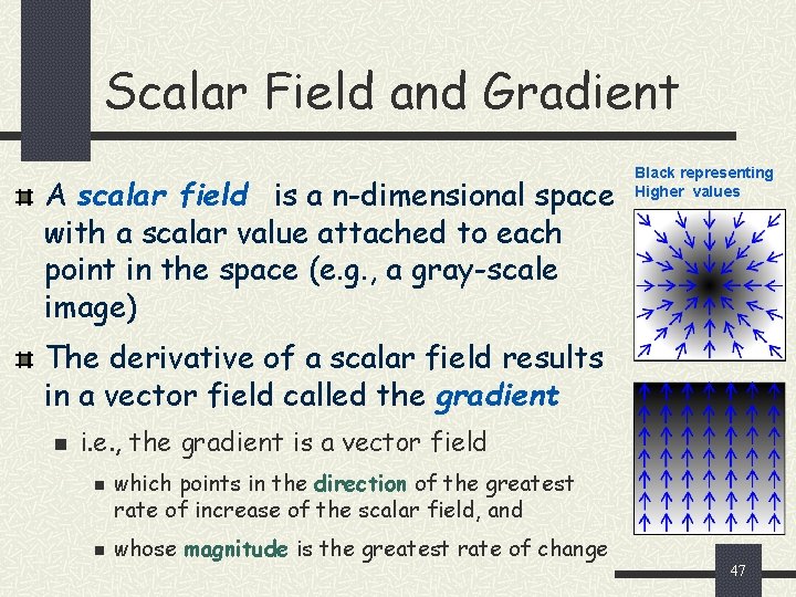 Scalar Field and Gradient A scalar field is a n-dimensional space with a scalar