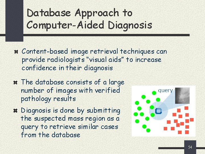 Database Approach to Computer-Aided Diagnosis Content-based image retrieval techniques can provide radiologists “visual aids”