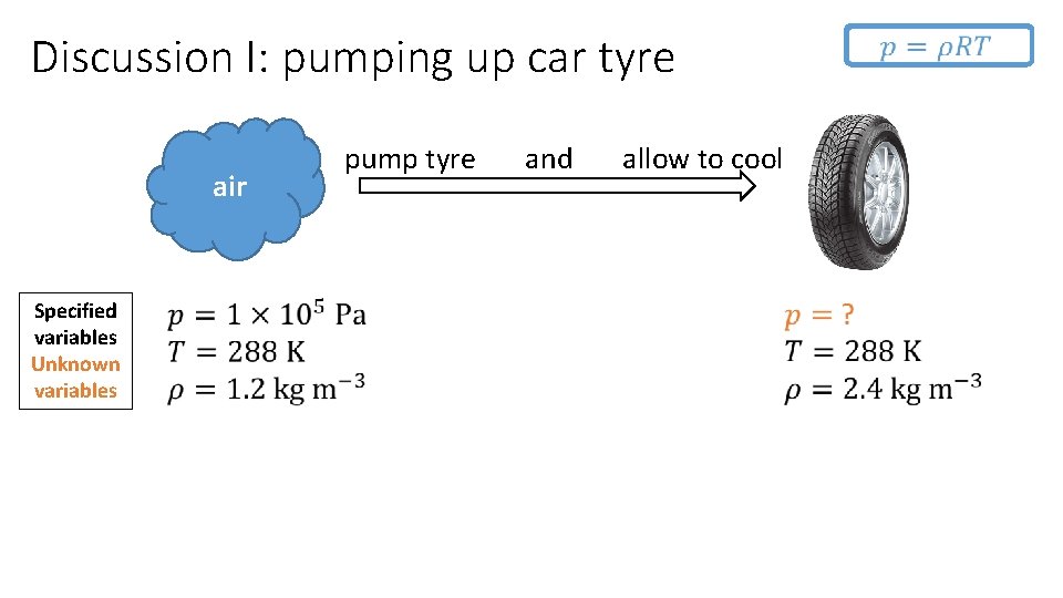 Discussion I: pumping up car tyre air Specified variables Unknown variables pump tyre and