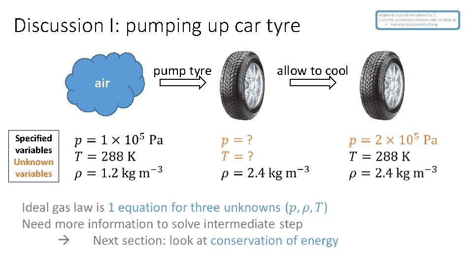 Discussion I: pumping up car tyre air Specified variables Unknown variables allow to cool