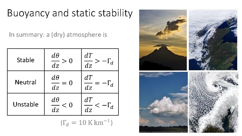 Buoyancy and static stability In summary: a (dry) atmosphere is Stable Neutral Unstable 