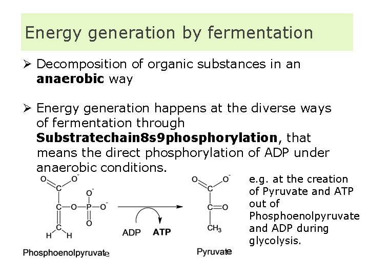 Energy generation by fermentation Ø Decomposition of organic substances in an anaerobic way Ø