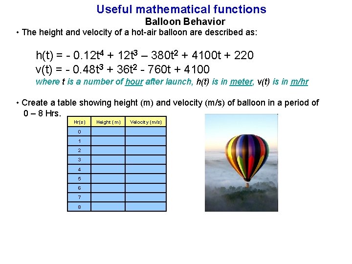 Useful mathematical functions Balloon Behavior • The height and velocity of a hot-air balloon Useful mathematical functions Balloon Behavior • The height and velocity of a hot-air balloon