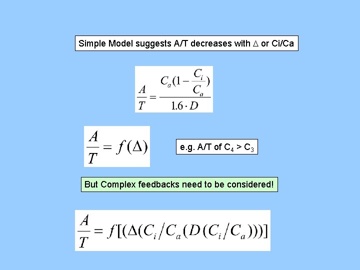 Simple Model suggests A/T decreases with D or Ci/Ca e. g. A/T of C