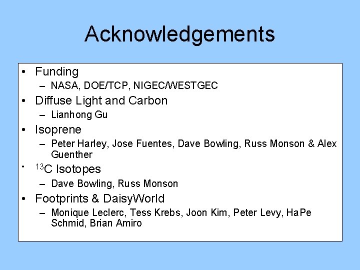 Acknowledgements • Funding – NASA, DOE/TCP, NIGEC/WESTGEC • Diffuse Light and Carbon – Lianhong