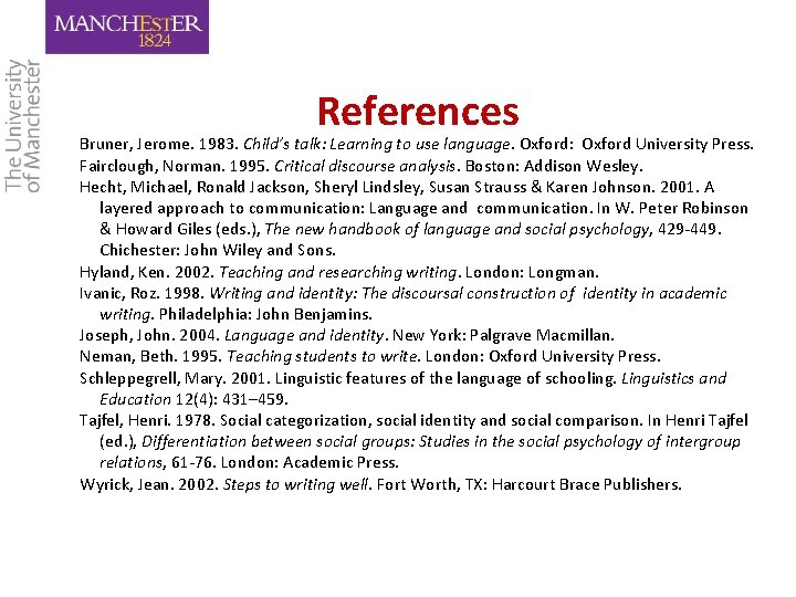 References Bruner, Jerome. 1983. Child’s talk: Learning to use language. Oxford: Oxford University Press.