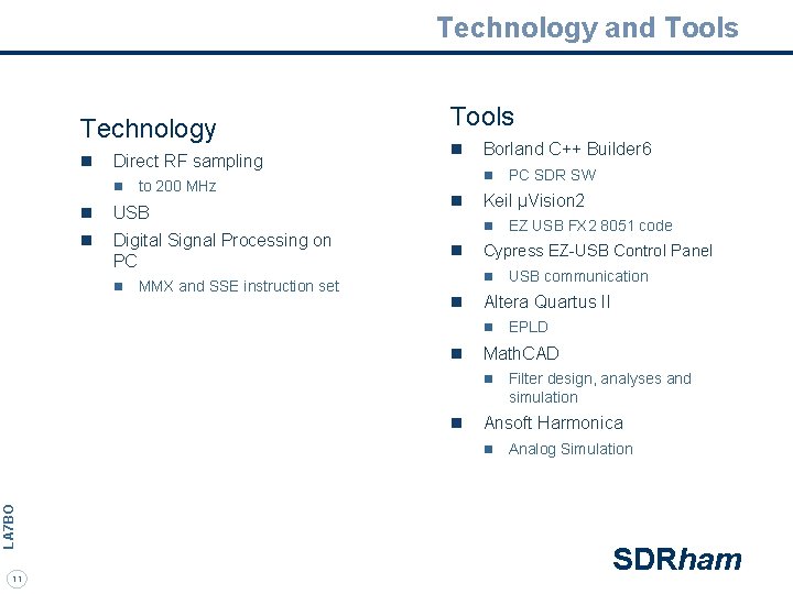 Technology and Tools Technology n Direct RF sampling n to 200 MHz n USB