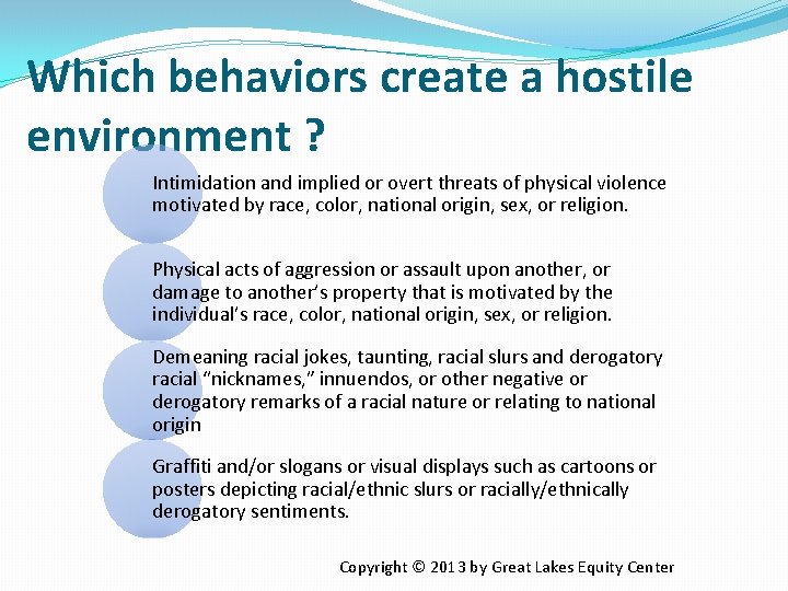 Which behaviors create a hostile environment ? Intimidation and implied or overt threats of