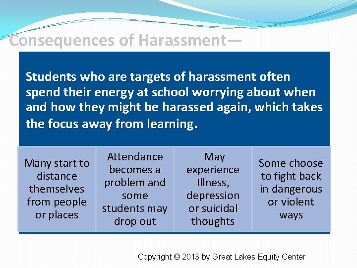 Consequences of Harassment— Students who are targets of harassment often spend their energy at