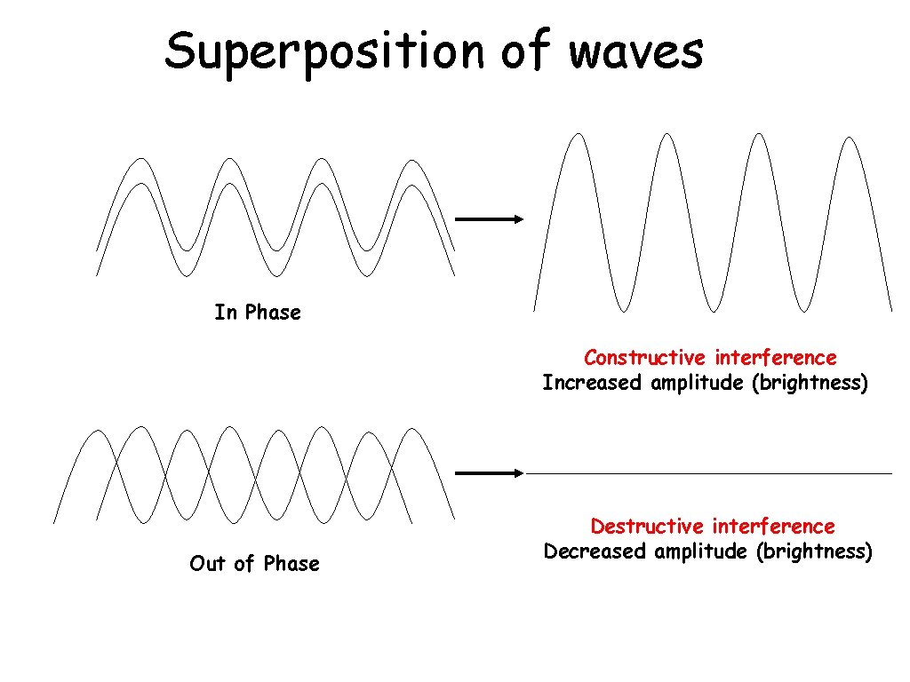Superposition of waves In Phase Constructive interference Increased amplitude (brightness) Out of Phase Destructive