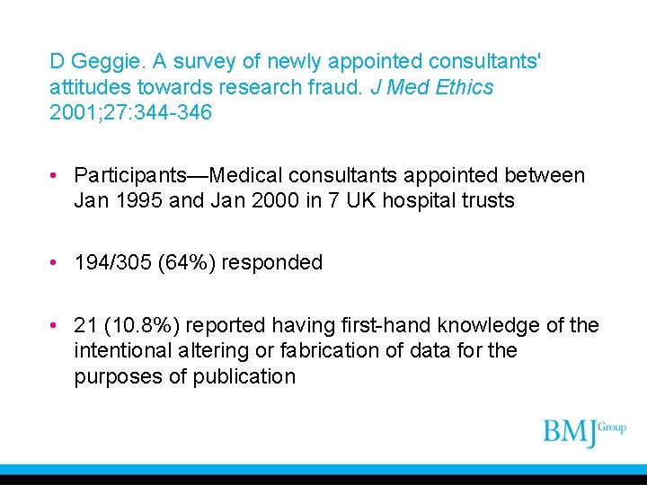 D Geggie. A survey of newly appointed consultants' attitudes towards research fraud. J Med