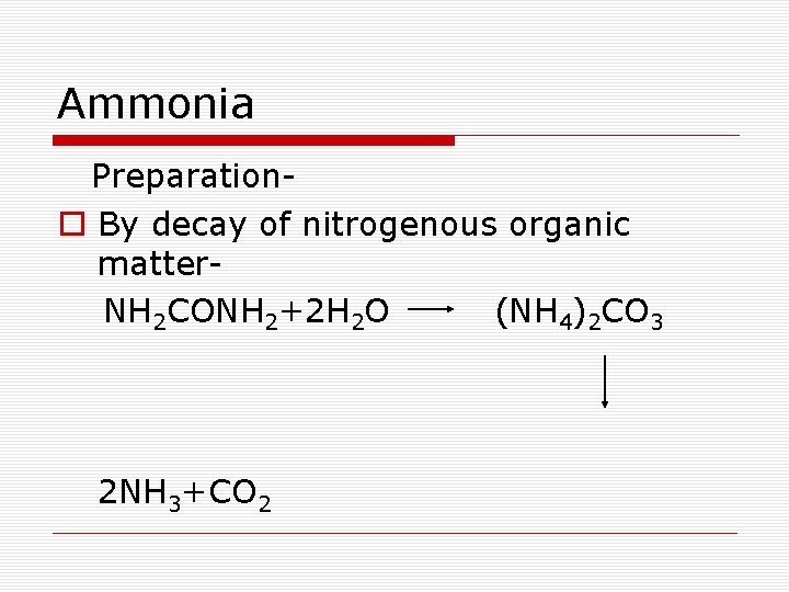 Ammonia Preparationo By decay of nitrogenous organic matter NH 2 CONH 2+2 H 2