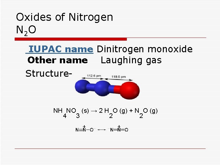  Oxides of Nitrogen N 2 O IUPAC name Dinitrogen monoxide Other name Laughing