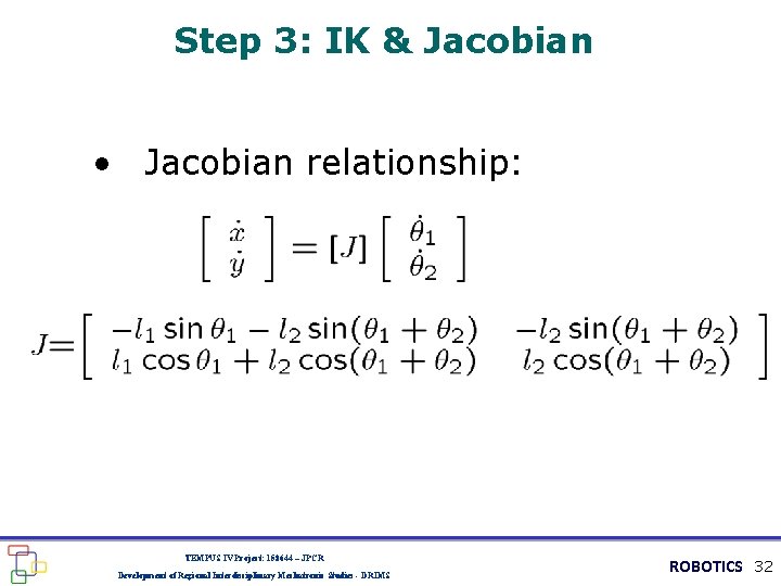 Step 3: IK & Jacobian • Jacobian relationship: TEMPUS IV Project: 158644 – JPCR