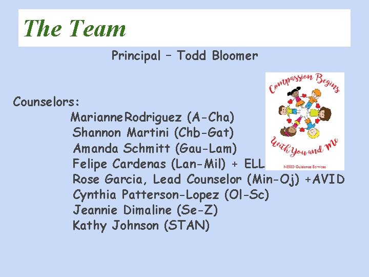 The Team Principal – Todd Bloomer Counselors: Marianne Rodriguez (A-Cha) Shannon Martini (Chb-Gat) Amanda