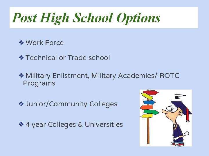 Post High School Options ❖ Work Force ❖ Technical or Trade school ❖ Military