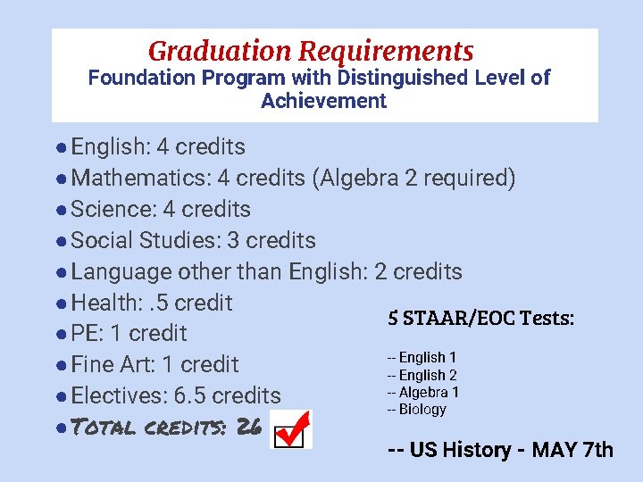 Graduation Requirements Foundation Program with Distinguished Level of Achievement ●English: 4 credits ●Mathematics: 4