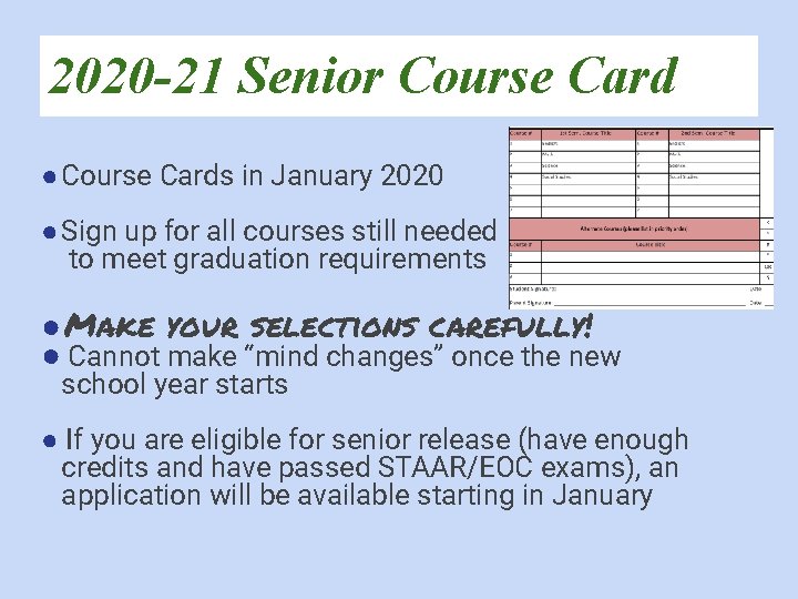 2020 -21 Senior Course Card ●Course Cards in January 2020 ●Sign up for all