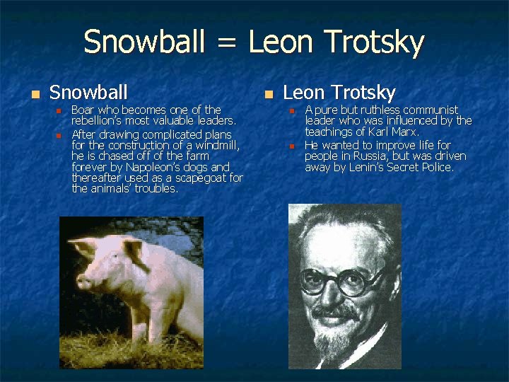 Snowball = Leon Trotsky n Snowball n n Boar who becomes one of the