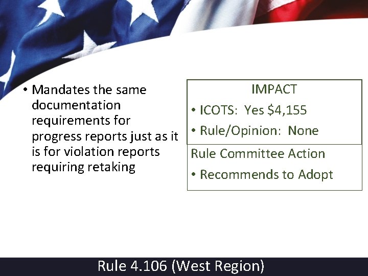 IMPACT • Mandates the same documentation • ICOTS: Yes $4, 155 requirements for progress