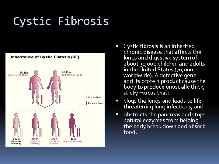 Cystic Fibrosis Cystic fibrosis is an inherited chronic disease that affects the lungs and