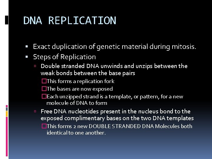 DNA REPLICATION Exact duplication of genetic material during mitosis. Steps of Replication Double stranded