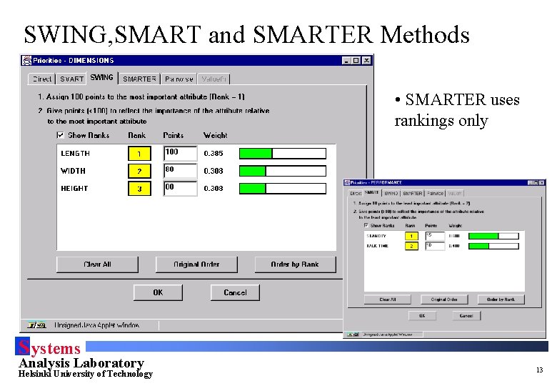 SWING, SMART and SMARTER Methods • SMARTER uses rankings only S ystems Analysis Laboratory