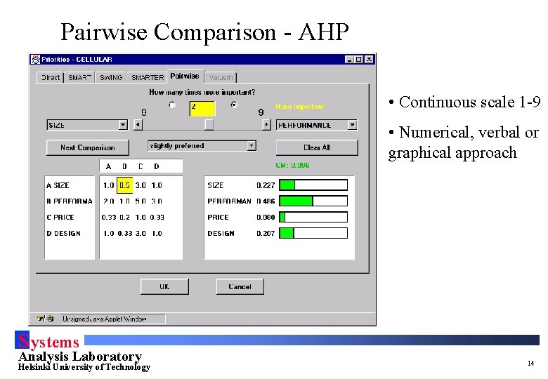 Pairwise Comparison - AHP • Continuous scale 1 -9 • Numerical, verbal or graphical