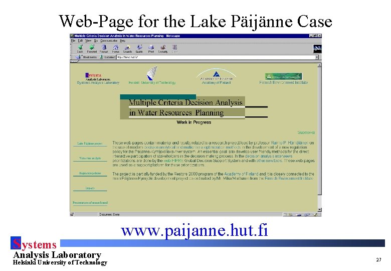 Web-Page for the Lake Päijänne Case S ystems Analysis Laboratory Helsinki University of Technology