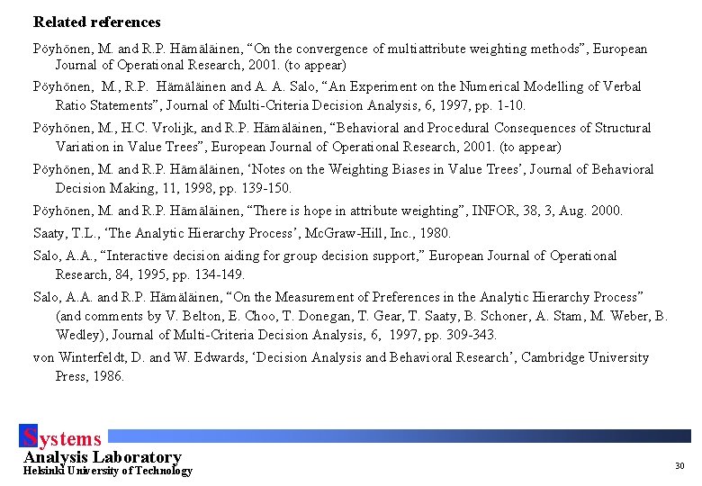 Related references Pöyhönen, M. and R. P. Hämäläinen, “On the convergence of multiattribute weighting