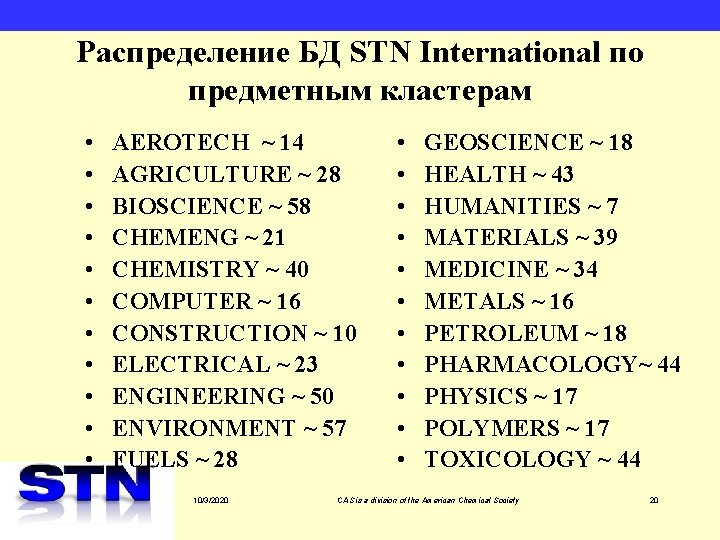 Распределение БД STN International по предметным кластерам • • • AEROTECH ~ 14 AGRICULTURE