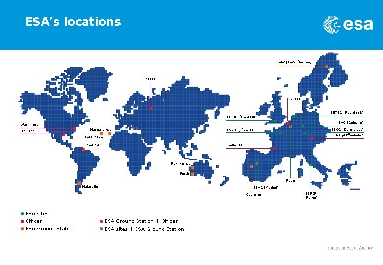 ESA’s locations Salmijaervi (Kiruna) Moscow Brussels ESTEC (Noordwijk) ECSAT (Harwell) EAC (Cologne) Washington Houston