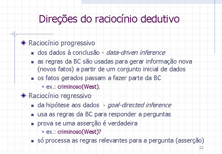 Direções do raciocínio dedutivo Raciocínio progressivo n n n dos dados à conclusão -