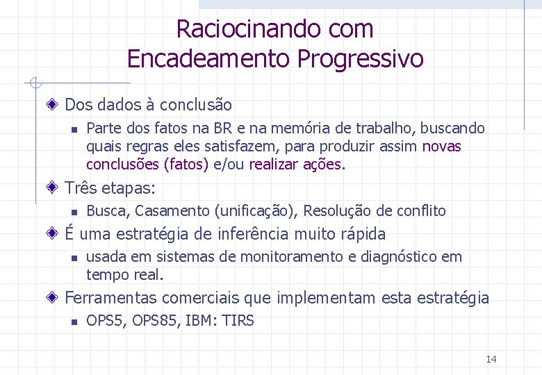 Raciocinando com Encadeamento Progressivo Dos dados à conclusão n Parte dos fatos na BR