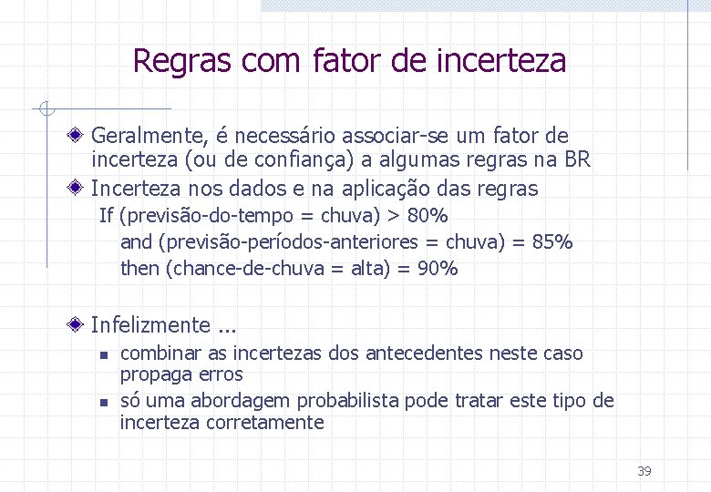 Regras com fator de incerteza Geralmente, é necessário associar-se um fator de incerteza (ou