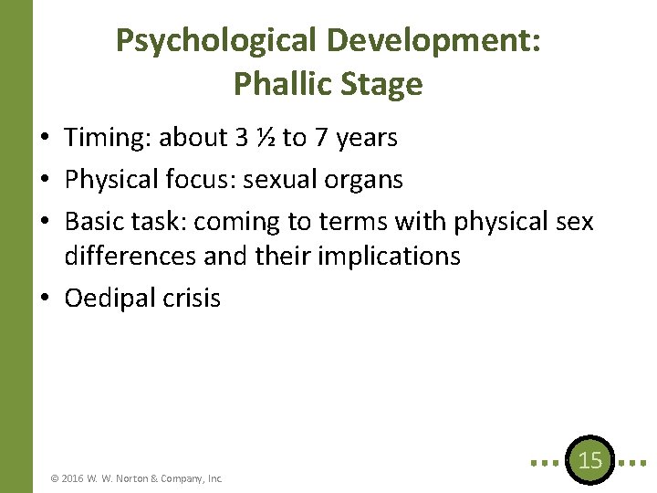 Psychological Development: Phallic Stage • Timing: about 3 ½ to 7 years • Physical