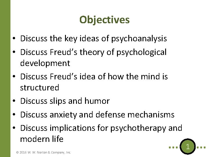 Objectives • Discuss the key ideas of psychoanalysis • Discuss Freud’s theory of psychological