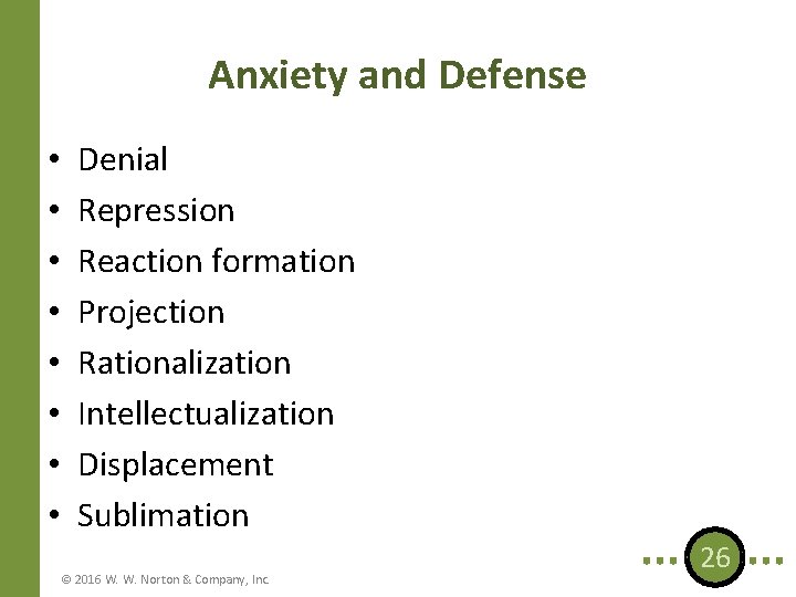 Anxiety and Defense • • Denial Repression Reaction formation Projection Rationalization Intellectualization Displacement Sublimation