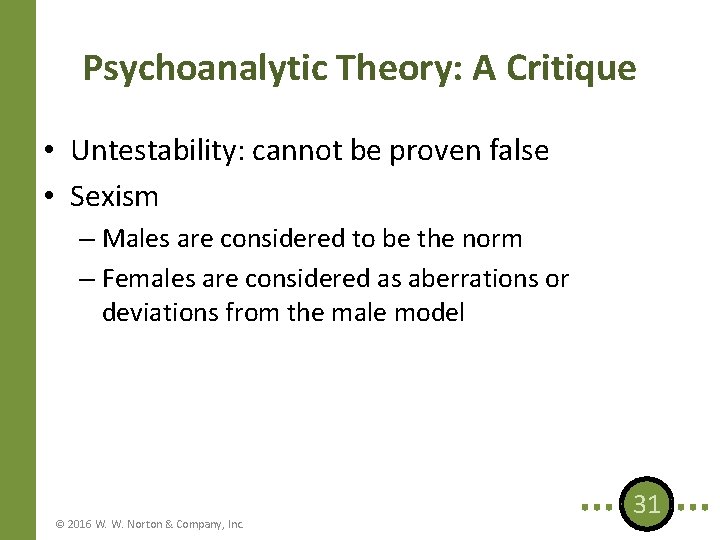 Psychoanalytic Theory: A Critique • Untestability: cannot be proven false • Sexism – Males